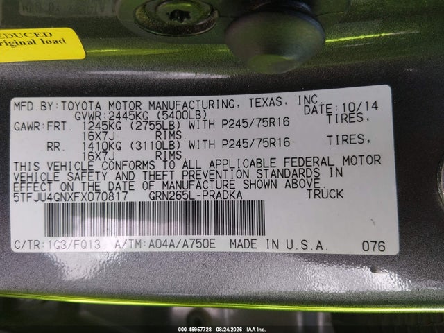 2015 Toyota Tacoma Prerunner V6 მანქანა იყიდება აუქციონზე, vin: 5TFJU4GNXFX070817, აუქციონის ნომერი: 45957728
