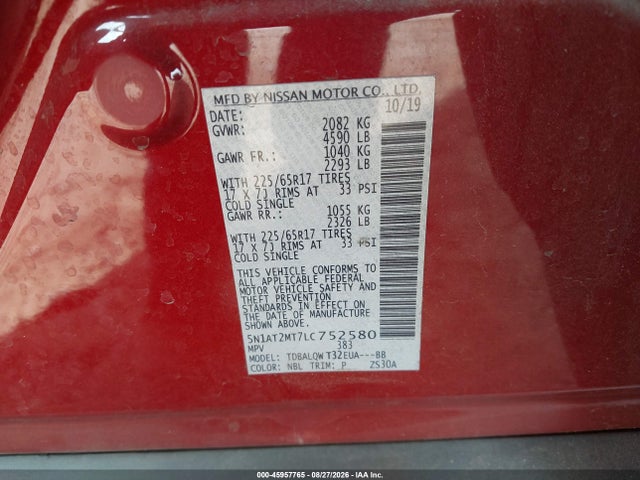Auction sale of the 2020 Nissan Rogue Sv Fwd, vin: 5N1AT2MT7LC752580, lot number: 45957765