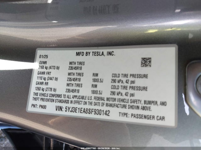 Aukcja sprzedaży 2025 Tesla Model 3 Long Range Rear-wheel Drive/standard Rear-wheel Drive, vin: 5YJ3E1EA8SF930142, numer aukcji: 45957768