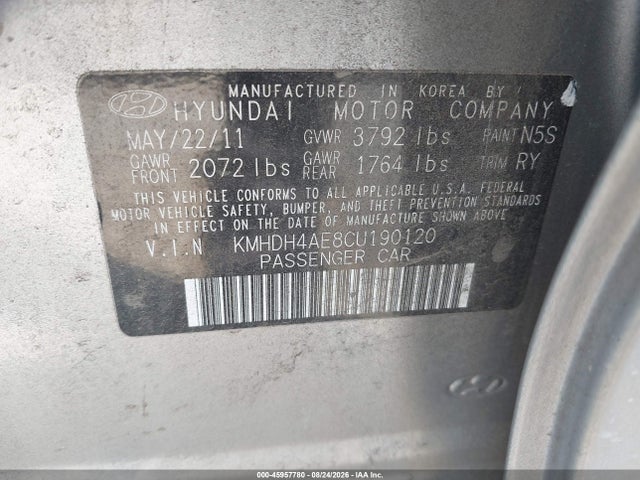 45957780 :رقم المزاد ، KMHDH4AE8CU190120 vin ، 2012 Hyundai Elantra Limited (ulsan Plant) مزاد بيع