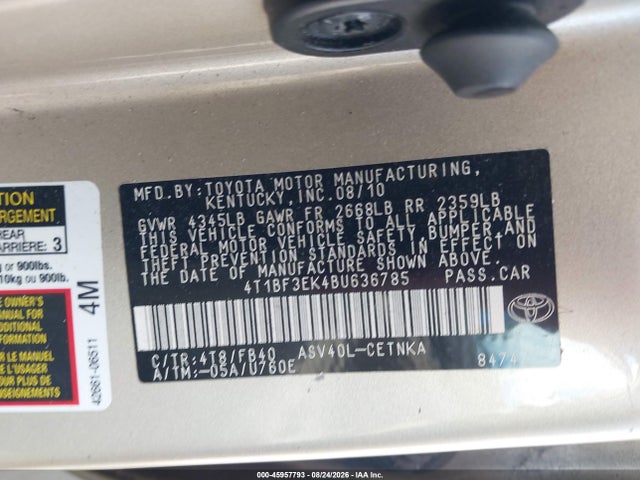 2011 Toyota Camry Le მანქანა იყიდება აუქციონზე, vin: 4T1BF3EK4BU636785, აუქციონის ნომერი: 45957793