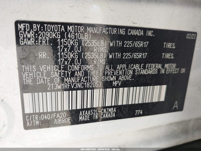 Продаж на аукціоні авто 2022 Toyota Rav4 Xle, vin: 2T3W1RFV3NC182053, номер лоту: 45957805