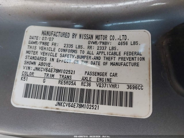 Продажа на аукционе авто 2008 Infiniti G37 Journey, vin: JNKCV64E78M102521, номер лота: 45957818