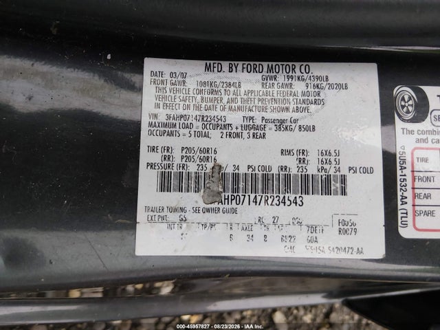Продаж на аукціоні авто 2007 Ford Fusion Se, vin: 3FAHP07147R234543, номер лоту: 45957827