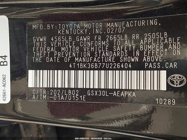 2007 Toyota Avalon Limited მანქანა იყიდება აუქციონზე, vin: 4T1BK36B77U226404, აუქციონის ნომერი: 45957832