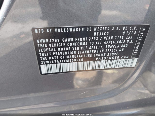 2014 Volkswagen Jetta 2.0l Tdi მანქანა იყიდება აუქციონზე, vin: 3VWLL7AJ1EM408545, აუქციონის ნომერი: 45957846