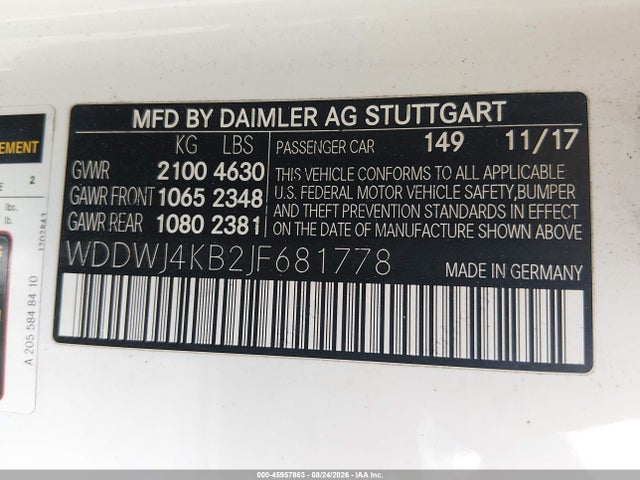 Aukcja sprzedaży 2018 Mercedes-benz C 300 4matic, vin: WDDWJ4KB2JF681778, numer aukcji: 45957863