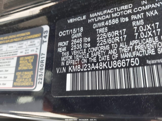 Продаж на аукціоні авто 2019 Hyundai Tucson Se, vin: KM8J23A48KU866750, номер лоту: 45957865
