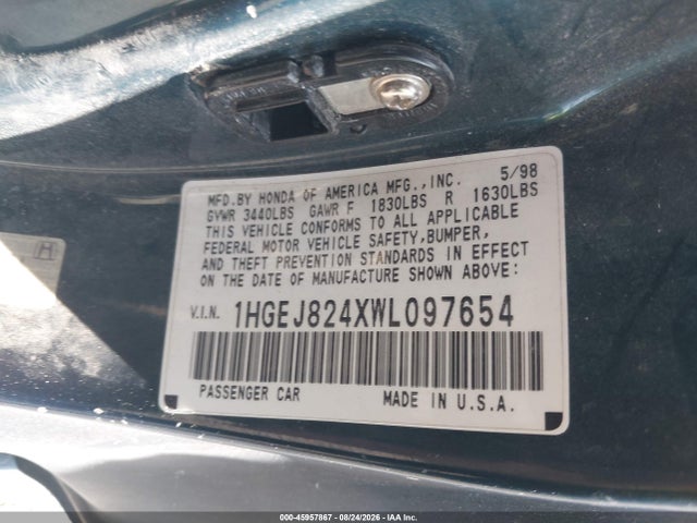 Aukcja sprzedaży 1998 Honda Civic Ex, vin: 1HGEJ824XWL097654, numer aukcji: 45957867
