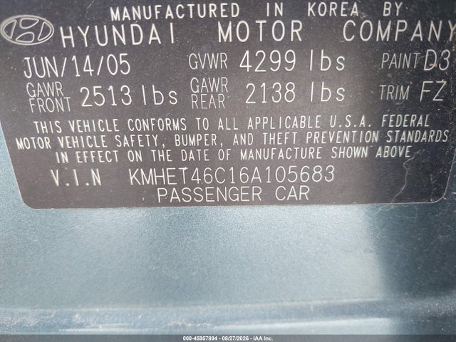 Aukcja sprzedaży 2006 Hyundai Sonata Gl, vin: KMHET46C16A105683, numer aukcji: 45957894