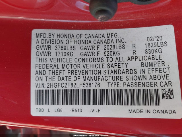 2HGFC2F82LH538176 Honda Civic Sport