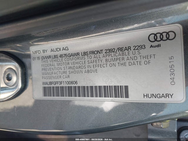45957901 :رقم المزاد ، WAUBFGFF3F1100606 vin ، 2015 Audi A3 2.0t Premium مزاد بيع