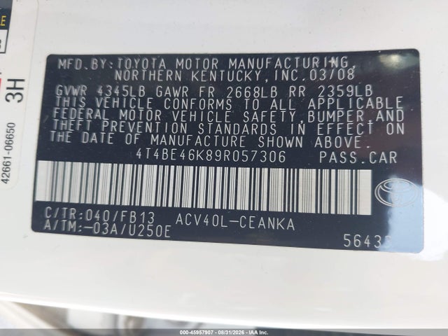 45957907 :رقم المزاد ، 4T4BE46K89R057306 vin ، 2009 Toyota Camry Le مزاد بيع