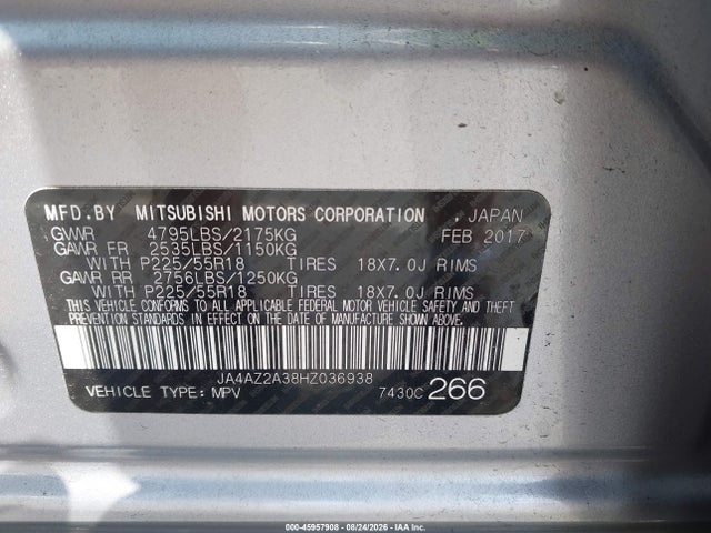 2017 Mitsubishi Outlander Es მანქანა იყიდება აუქციონზე, vin: JA4AZ2A38HZ036938, აუქციონის ნომერი: 45957908