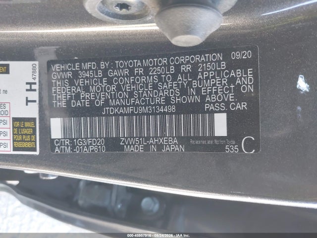 45957916 :رقم المزاد ، JTDKAMFU9M3134498 vin ، 2021 Toyota Prius Le مزاد بيع
