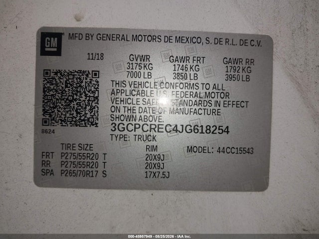45957949 :رقم المزاد ، 3GCPCREC4JG618254 vin ، 2018 Chevrolet Silverado 1500 1lt مزاد بيع