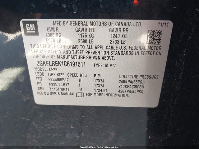 Aukcja sprzedaży 2012 Gmc Terrain Sle-1, vin: 2GKFLREK1C6191511, numer aukcji: 45957961