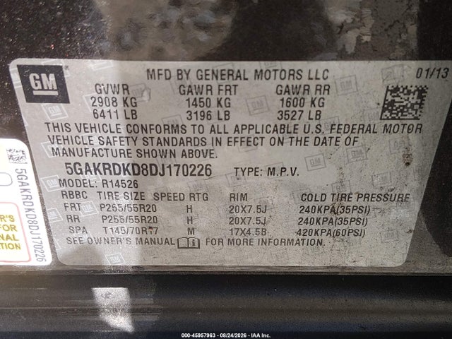 45957963 :رقم المزاد ، 5GAKRDKD8DJ170226 vin ، 2013 Buick Enclave Premium مزاد بيع