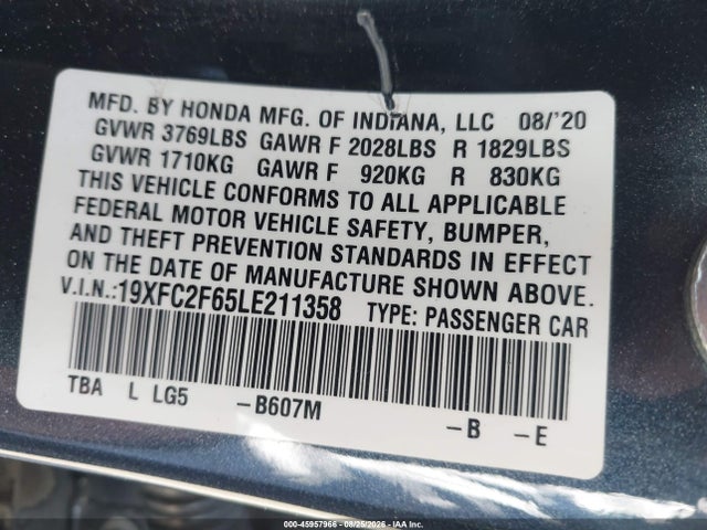 Aukcja sprzedaży 2020 Honda Civic Lx, vin: 19XFC2F65LE211358, numer aukcji: 45957966