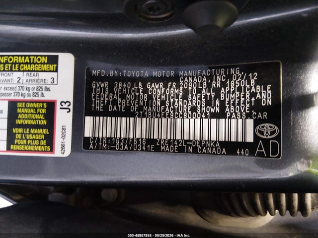 Продажа на аукционе авто 2012 Toyota Corolla Le, vin: 2T1BU4EE9CC800041, номер лота: 45957988