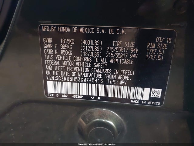 45957995 :رقم المزاد ، 3CZRU5H53GM745416 vin ، 2016 Honda Hr-v Ex مزاد بيع