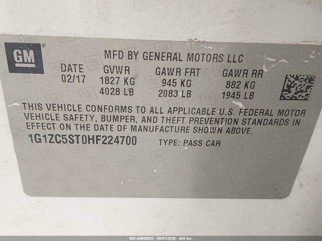 2017 Chevrolet Malibu 1fl მანქანა იყიდება აუქციონზე, vin: 1G1ZC5ST0HF224700, აუქციონის ნომერი: 45958002