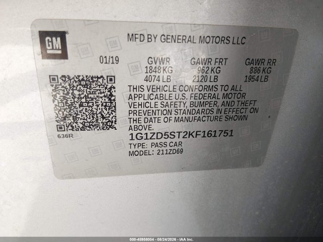 45958004 :رقم المزاد ، 1G1ZD5ST2KF161751 vin ، 2019 Chevrolet Malibu Lt مزاد بيع