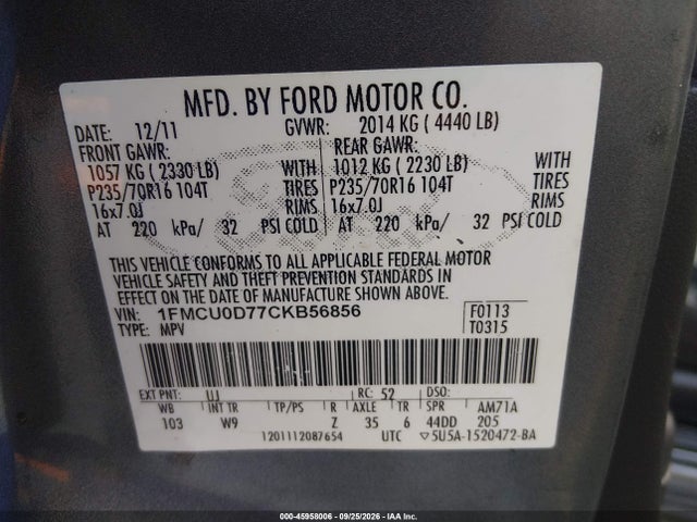 45958006 :رقم المزاد ، 1FMCU0D77CKB56856 vin ، 2012 Ford Escape Xlt مزاد بيع