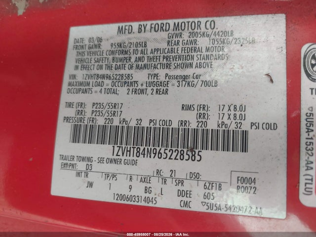 Продажа на аукционе авто 2006 Ford Mustang V6, vin: 1ZVHT84N965228585, номер лота: 45958007