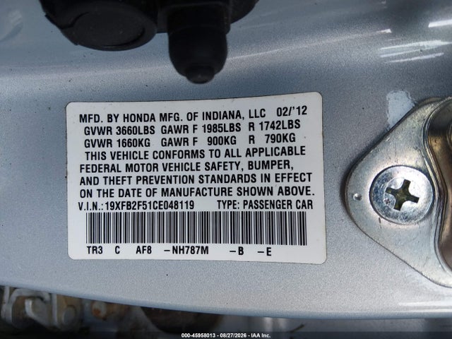 Aukcja sprzedaży 2012 Honda Civic Lx, vin: 19XFB2F51CE048119, numer aukcji: 45958013