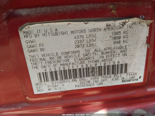 2011 Mitsubishi Galant Fe მანქანა იყიდება აუქციონზე, vin: 4A32B2FF8BE010790, აუქციონის ნომერი: 45958015