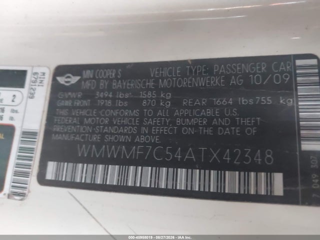 Продажа на аукционе авто 2010 Mini Cooper S, vin: WMWMF7C54ATX42348, номер лота: 45958019