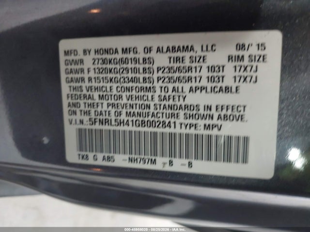 Aukcja sprzedaży 2016 Honda Odyssey Ex, vin: 5FNRL5H41GB002841, numer aukcji: 45958020