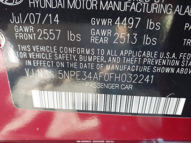 45958024 :رقم المزاد ، 5NPE34AF0FH032241 vin ، 2015 Hyundai Sonata Sport مزاد بيع