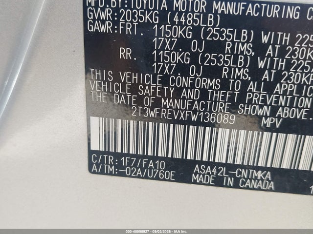2015 Toyota Rav4 Xle მანქანა იყიდება აუქციონზე, vin: 2T3WFREVXFW136089, აუქციონის ნომერი: 45958027