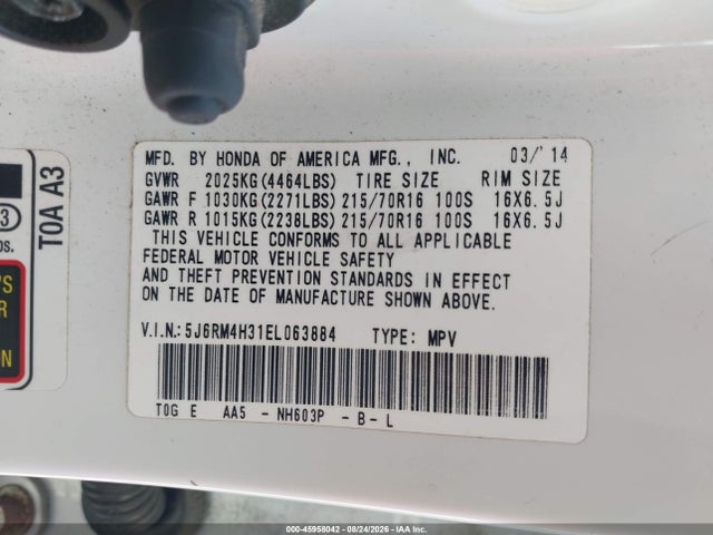 45958042 :رقم المزاد ، 5J6RM4H31EL063884 vin ، 2014 Honda Cr-v Lx مزاد بيع