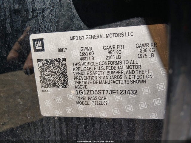45958044 :رقم المزاد ، 1G1ZD5ST7JF123432 vin ، 2018 Chevrolet Malibu Lt مزاد بيع