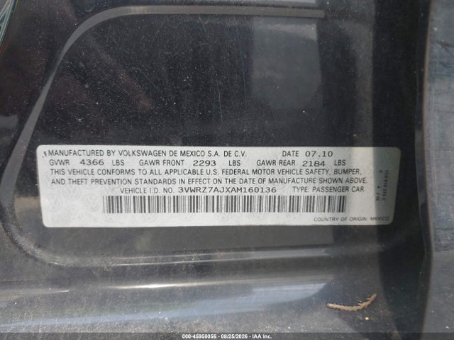 45958056 :رقم المزاد ، 3VWRZ7AJXAM160136 vin ، 2010 Volkswagen Jetta Limited Edition مزاد بيع