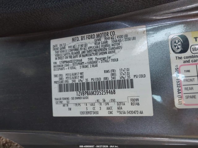 2013 Ford Mustang V6 მანქანა იყიდება აუქციონზე, vin: 1ZVBP8AM2D5259468, აუქციონის ნომერი: 45958057