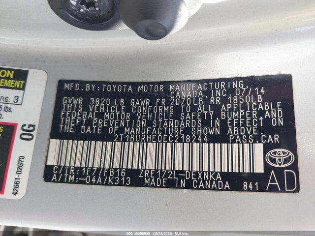2014 Toyota Corolla Le მანქანა იყიდება აუქციონზე, vin: 2T1BURHE0EC218244, აუქციონის ნომერი: 45958058