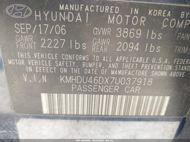 2007 Hyundai Elantra Gls/ltd/se მანქანა იყიდება აუქციონზე, vin: KMHDU46DX7U037918, აუქციონის ნომერი: 45958060