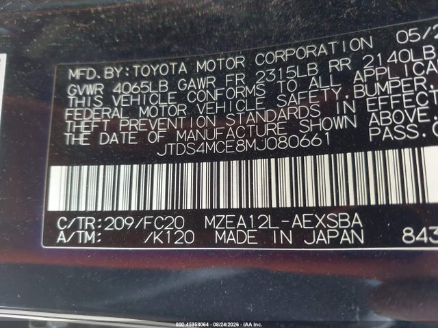 JTDS4MCE8MJ080661 Toyota COROLLA SE