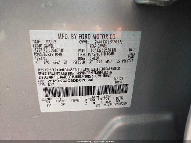 Продажа на аукционе авто 2013 Ford Edge Sel, vin: 2FMDK3JC8DBC76688, номер лота: 45958074