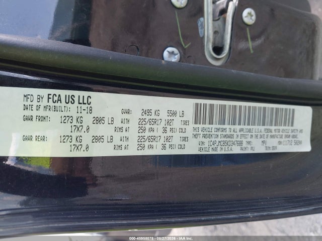 45958078 :رقم المزاد ، 1C4PJMCB5KD347688 vin ، 2019 Jeep Cherokee Latitude 4x4 مزاد بيع