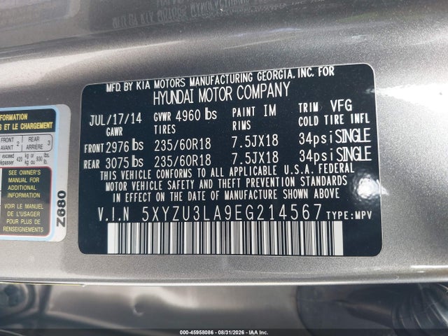 Продаж на аукціоні авто 2014 Hyundai Santa Fe Sport 2.0l Turbo, vin: 5XYZU3LA9EG214567, номер лоту: 45958086