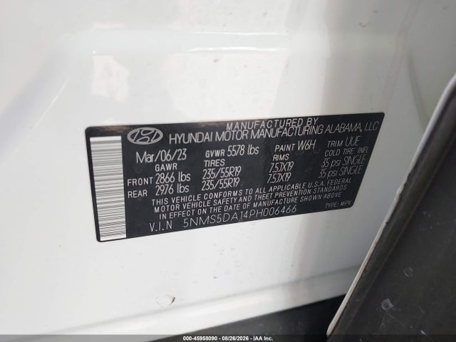 Aukcja sprzedaży 2023 Hyundai Santa Fe Hybrid Limited, vin: 5NMS5DA14PH006466, numer aukcji: 45958090