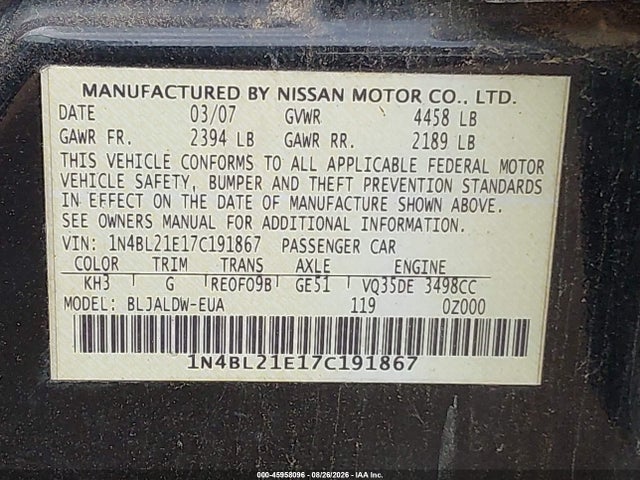 Продажа на аукционе авто 2007 Nissan Altima 3.5 Se, vin: 1N4BL21E17C191867, номер лота: 45958096