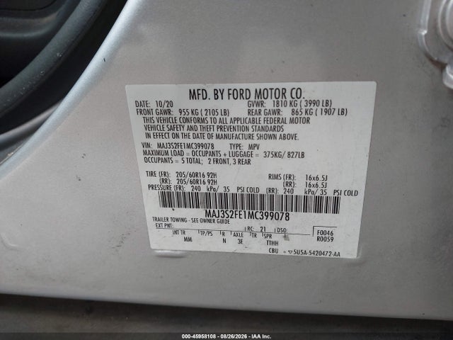 Aukcja sprzedaży 2021 Ford Ecosport S, vin: MAJ3S2FE1MC399078, numer aukcji: 45958108
