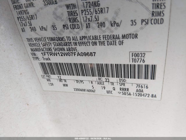 2007 Ford F-150 Xlt მანქანა იყიდება აუქციონზე, vin: 1FTRW12W07FA09687, აუქციონის ნომერი: 45958122