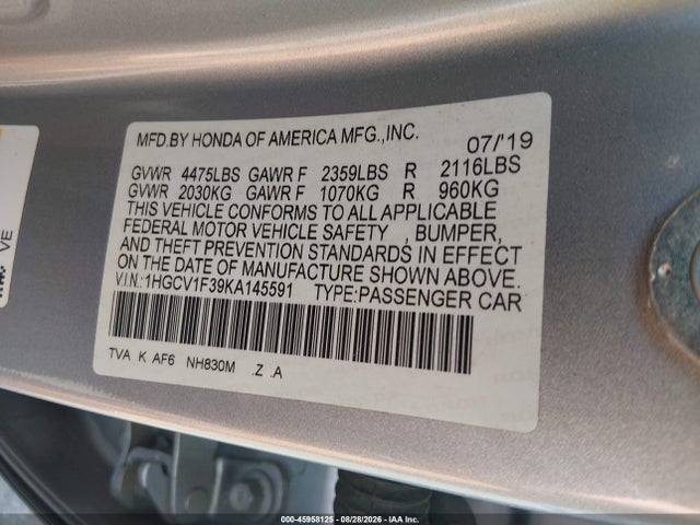 2019 Honda Accord Sport მანქანა იყიდება აუქციონზე, vin: 1HGCV1F39KA145591, აუქციონის ნომერი: 45958125